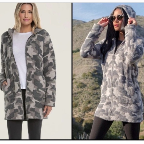 BAREFOOT DREAMS CozyChic Camo Zip Up Hooded Anorak ~ Warm Gray Color M - Picture 3 of 4